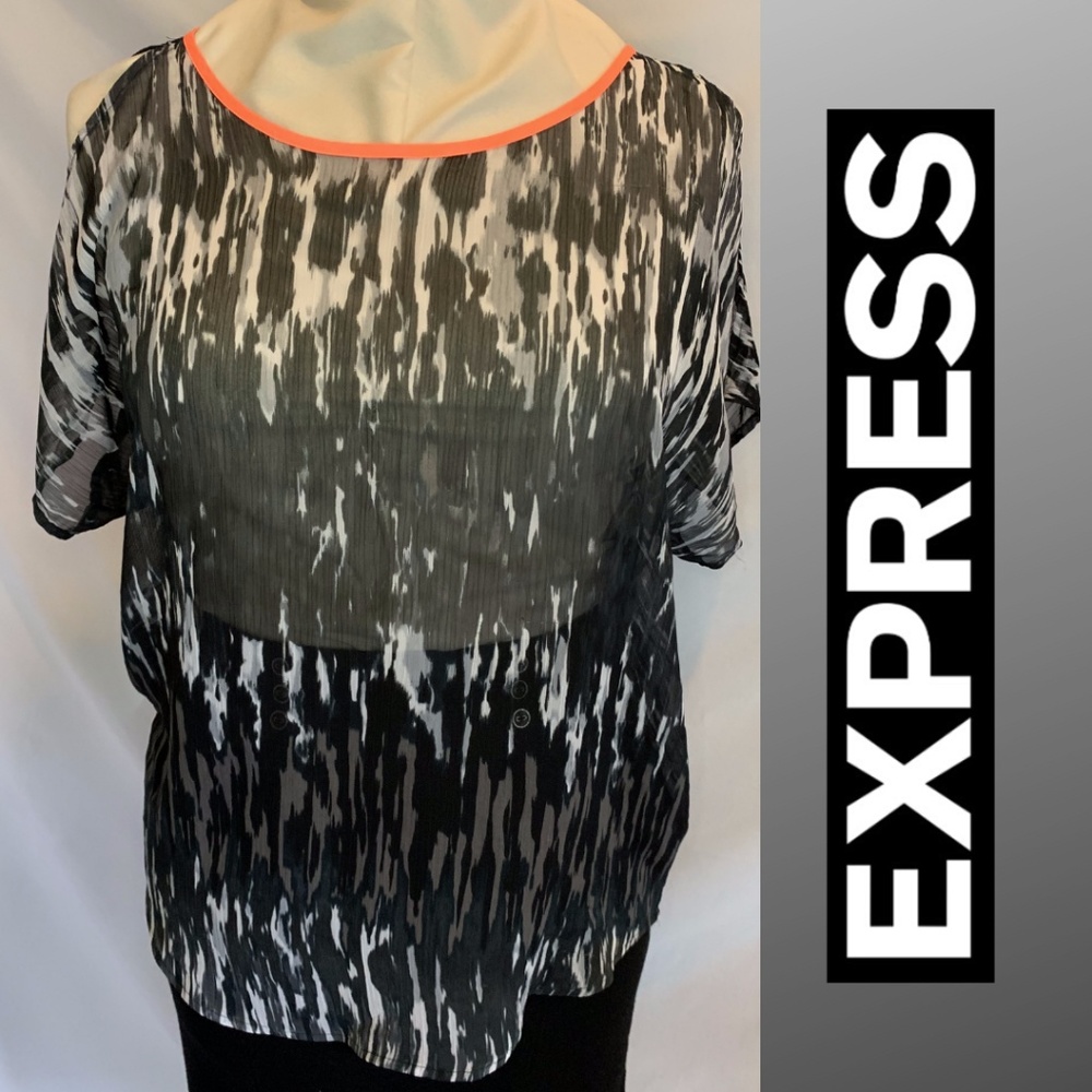 🖤 Express Black & White Sheer Cold Shoulder Top